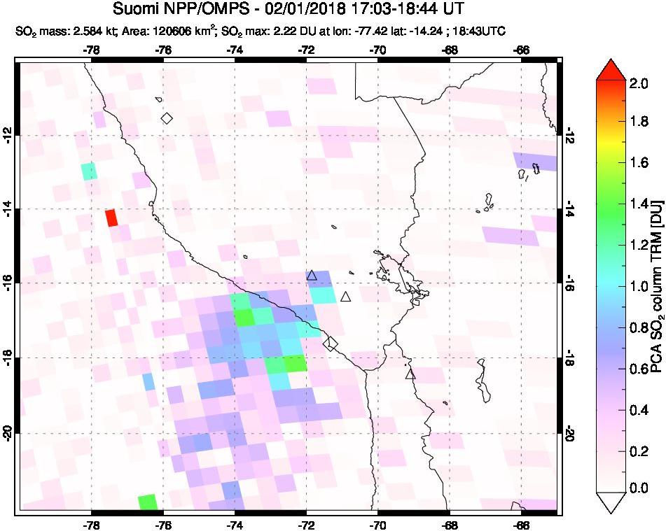 A sulfur dioxide image over Peru on Feb 01, 2018.