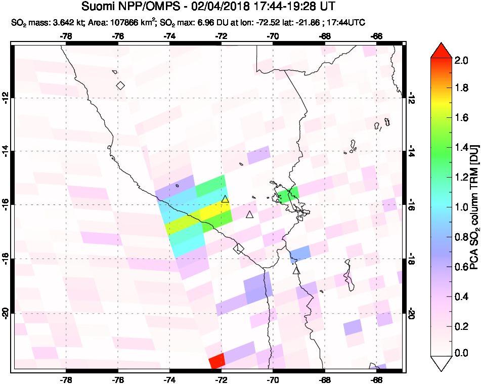 A sulfur dioxide image over Peru on Feb 04, 2018.