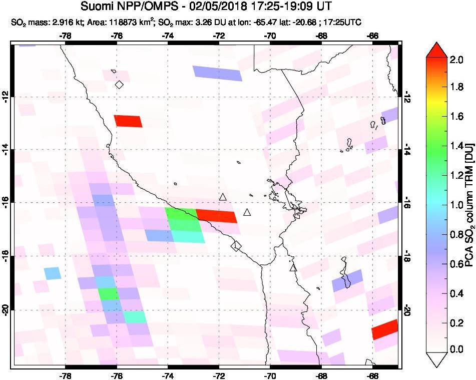 A sulfur dioxide image over Peru on Feb 05, 2018.