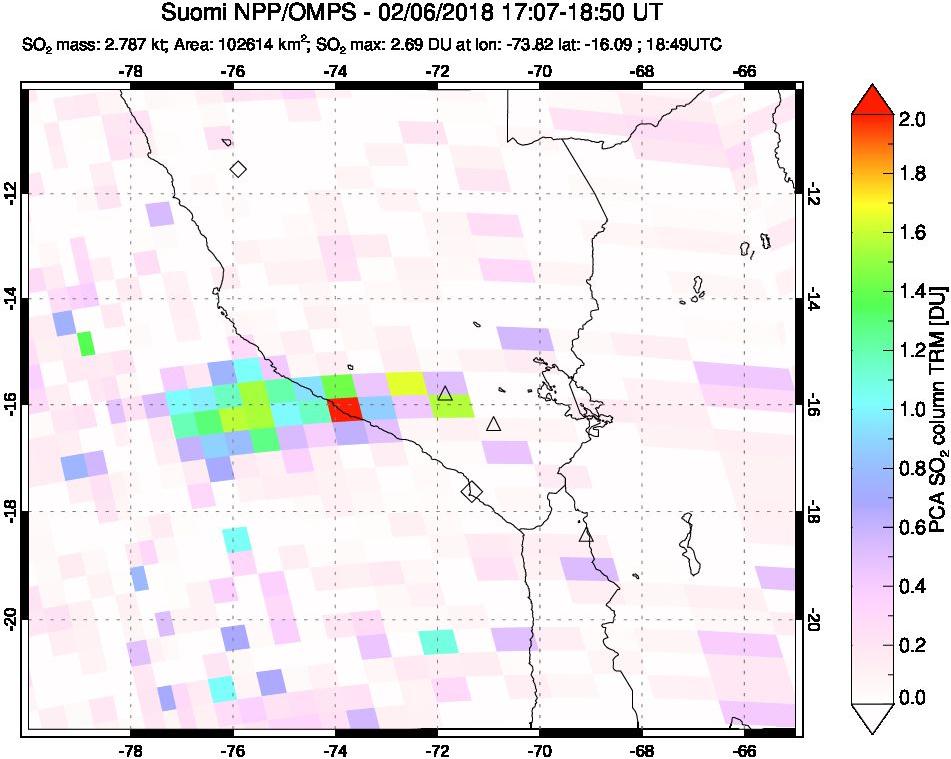 A sulfur dioxide image over Peru on Feb 06, 2018.