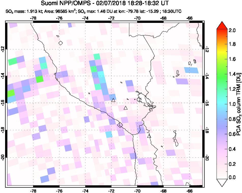 A sulfur dioxide image over Peru on Feb 07, 2018.