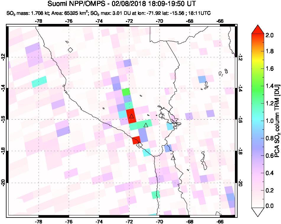 A sulfur dioxide image over Peru on Feb 08, 2018.