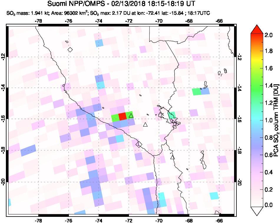 A sulfur dioxide image over Peru on Feb 13, 2018.