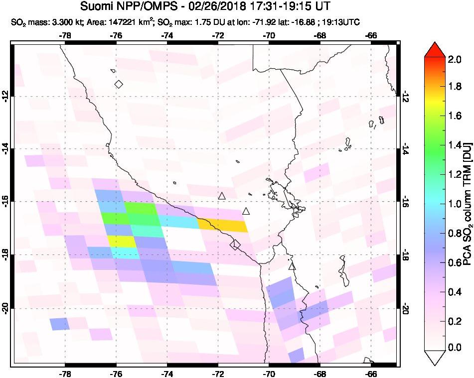 A sulfur dioxide image over Peru on Feb 26, 2018.