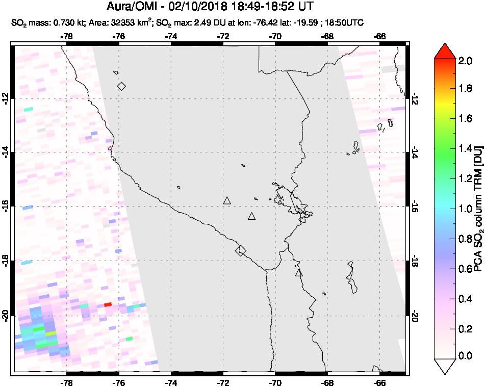 A sulfur dioxide image over Peru on Feb 10, 2018.