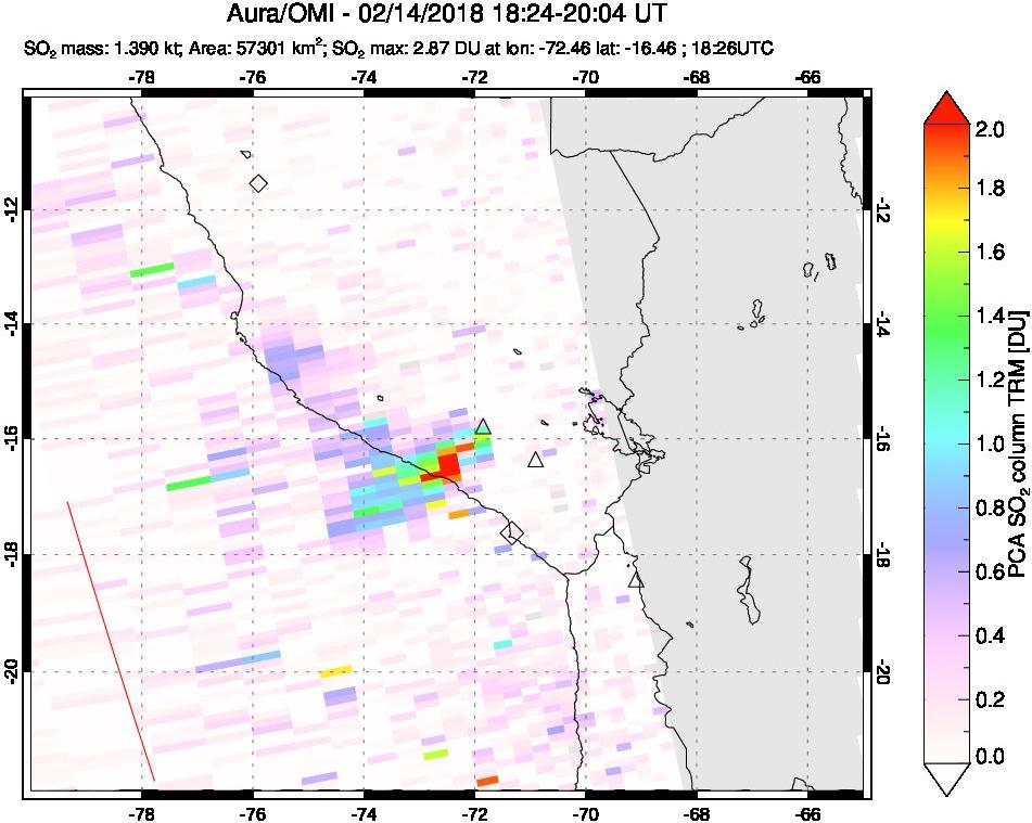A sulfur dioxide image over Peru on Feb 14, 2018.