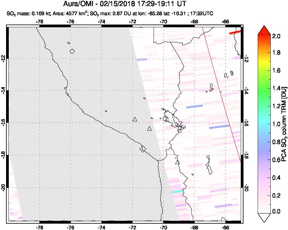 A sulfur dioxide image over Peru on Feb 15, 2018.