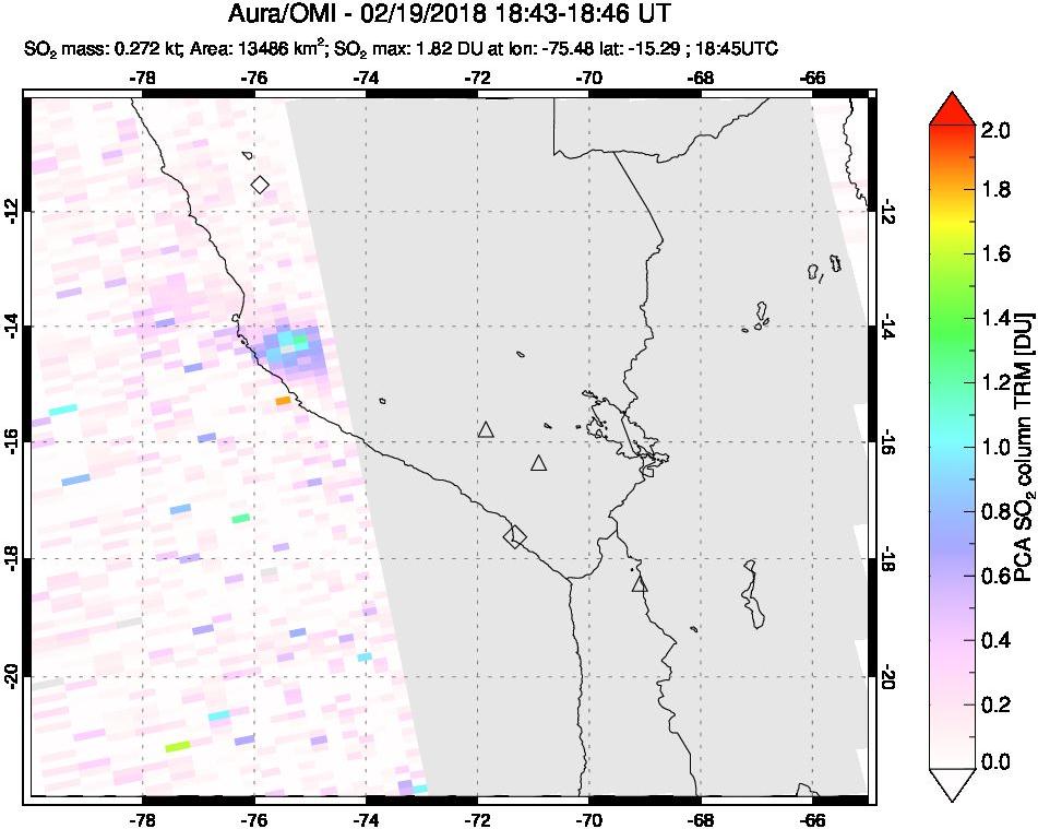 A sulfur dioxide image over Peru on Feb 19, 2018.