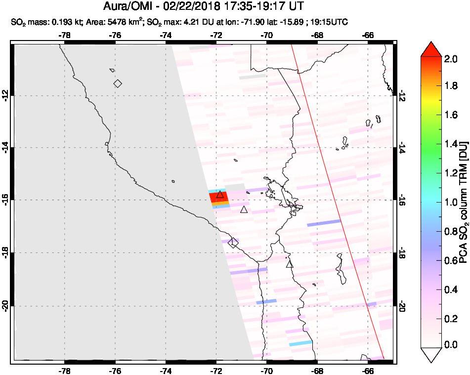 A sulfur dioxide image over Peru on Feb 22, 2018.