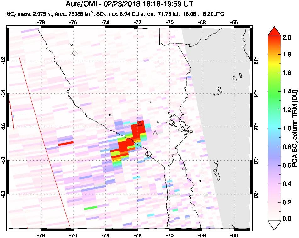 A sulfur dioxide image over Peru on Feb 23, 2018.