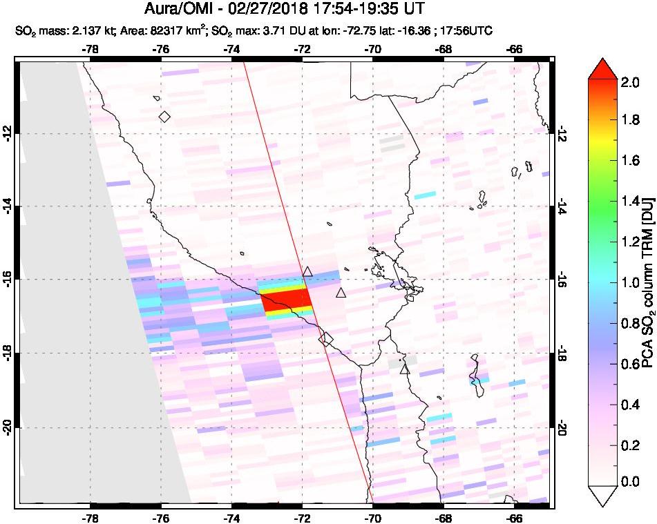 A sulfur dioxide image over Peru on Feb 27, 2018.