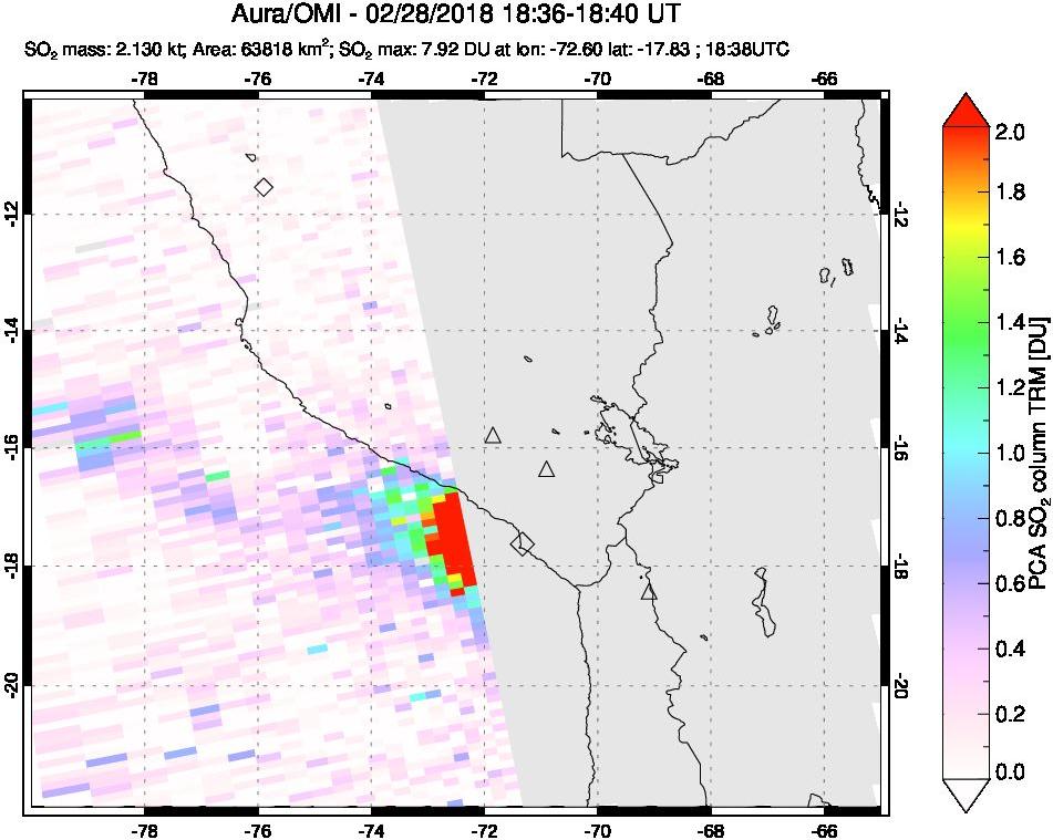 A sulfur dioxide image over Peru on Feb 28, 2018.