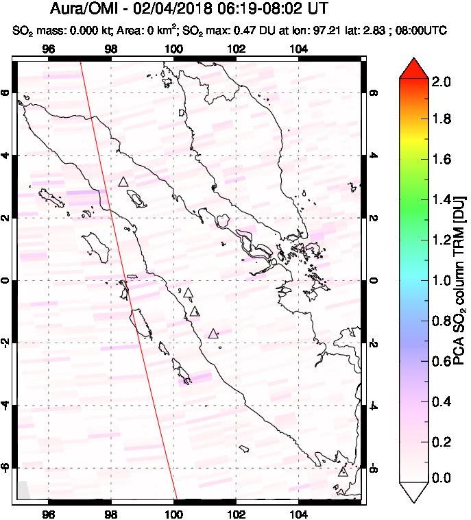 A sulfur dioxide image over Sumatra, Indonesia on Feb 04, 2018.
