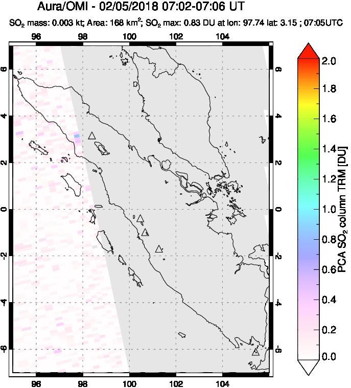 A sulfur dioxide image over Sumatra, Indonesia on Feb 05, 2018.