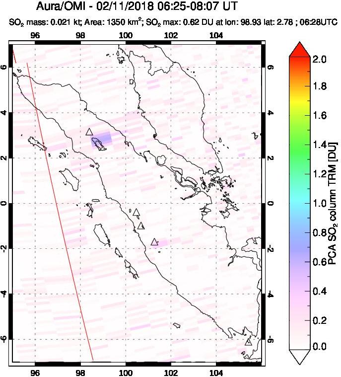 A sulfur dioxide image over Sumatra, Indonesia on Feb 11, 2018.