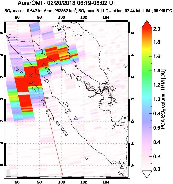 A sulfur dioxide image over Sumatra, Indonesia on Feb 20, 2018.