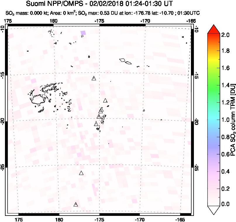 A sulfur dioxide image over Tonga, South Pacific on Feb 02, 2018.