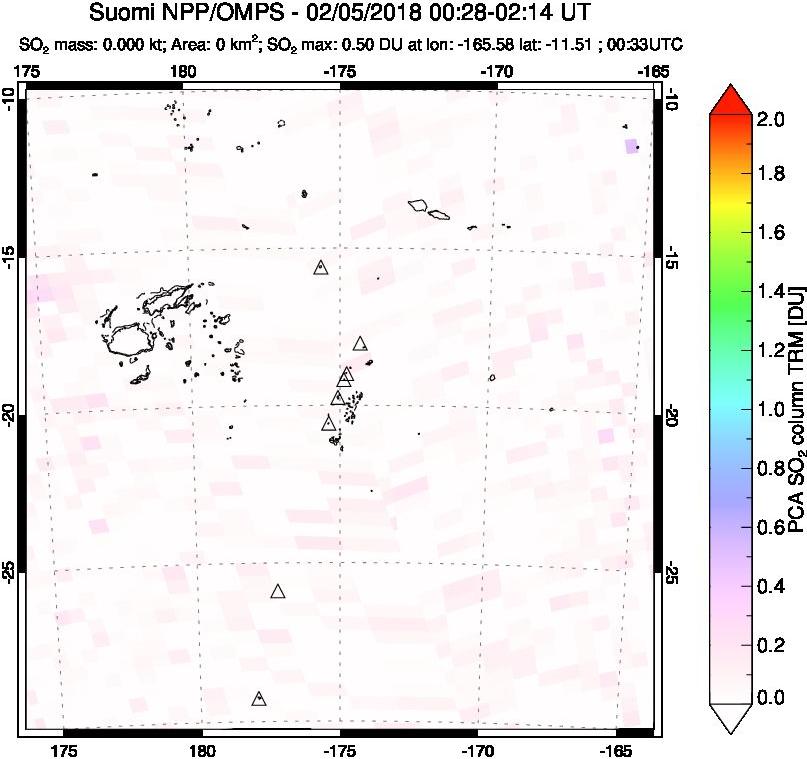 A sulfur dioxide image over Tonga, South Pacific on Feb 05, 2018.
