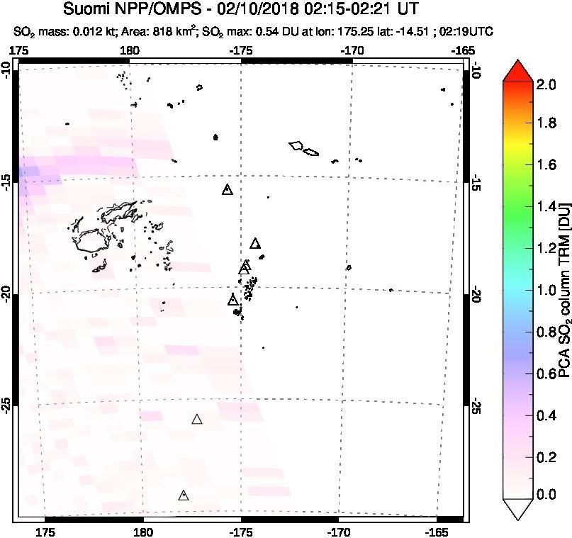 A sulfur dioxide image over Tonga, South Pacific on Feb 10, 2018.