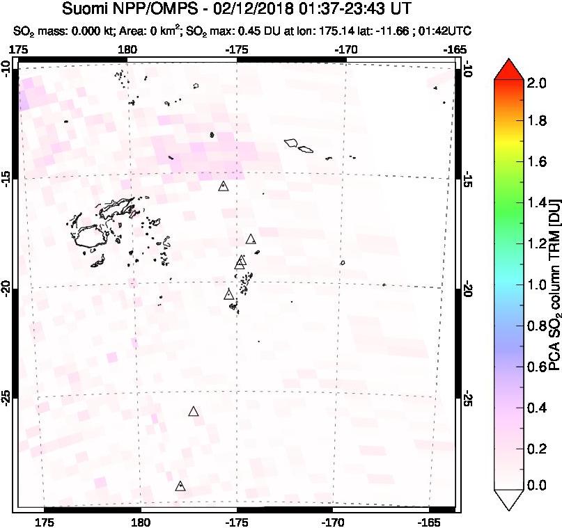 A sulfur dioxide image over Tonga, South Pacific on Feb 12, 2018.