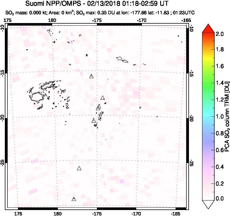A sulfur dioxide image over Tonga, South Pacific on Feb 13, 2018.
