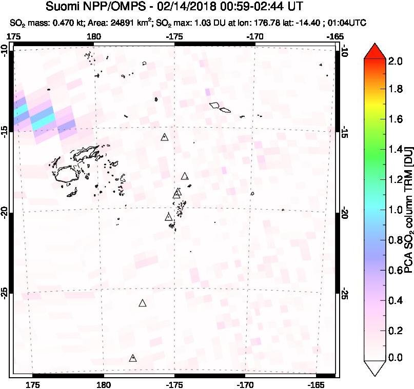A sulfur dioxide image over Tonga, South Pacific on Feb 14, 2018.