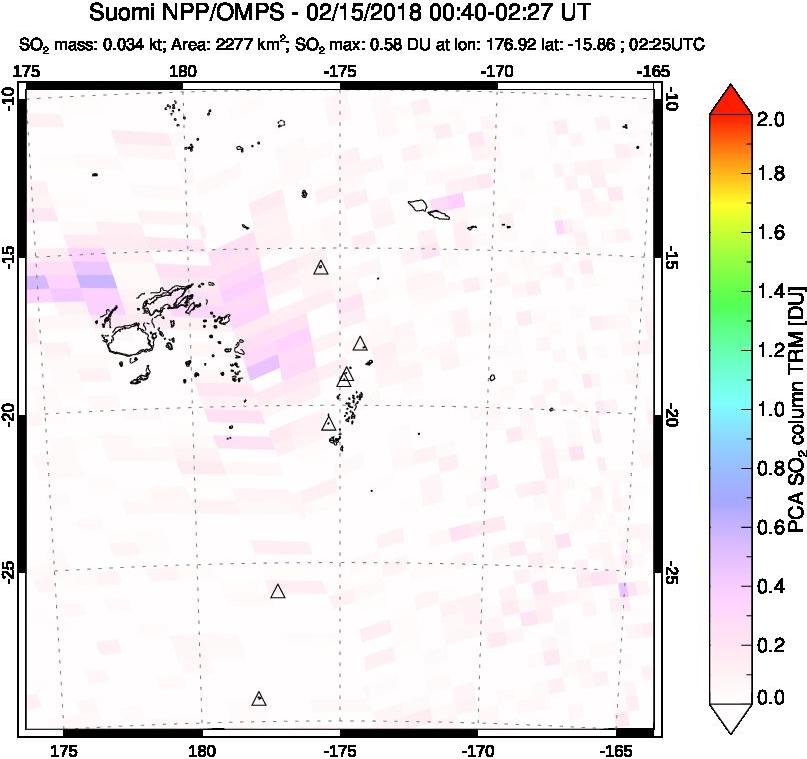 A sulfur dioxide image over Tonga, South Pacific on Feb 15, 2018.