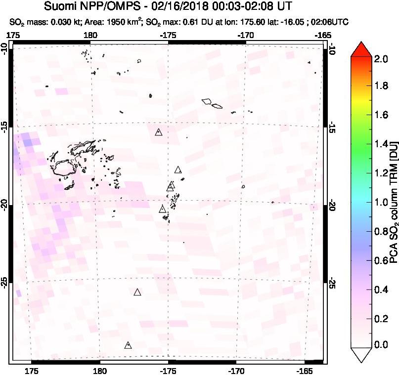 A sulfur dioxide image over Tonga, South Pacific on Feb 16, 2018.