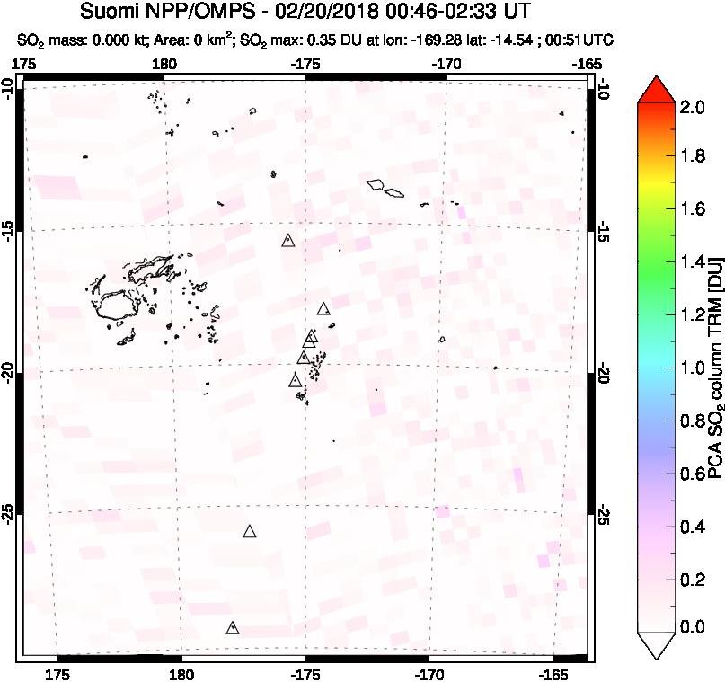 A sulfur dioxide image over Tonga, South Pacific on Feb 20, 2018.