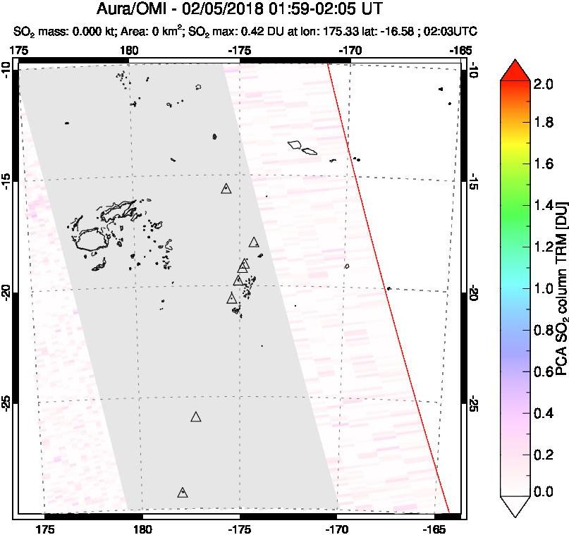 A sulfur dioxide image over Tonga, South Pacific on Feb 05, 2018.