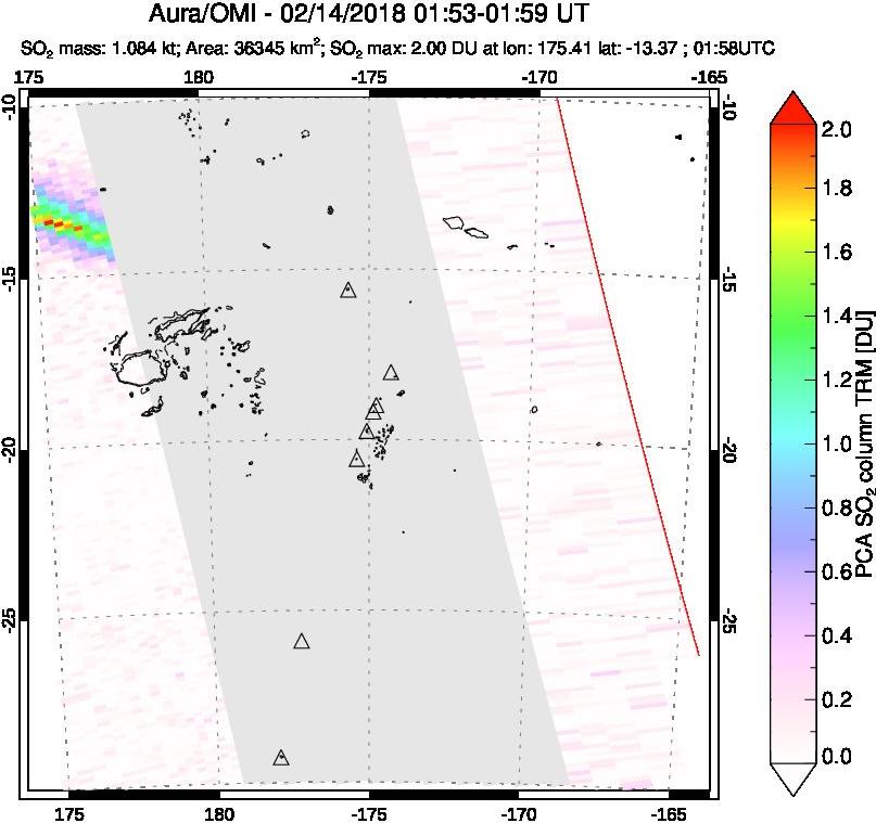 A sulfur dioxide image over Tonga, South Pacific on Feb 14, 2018.