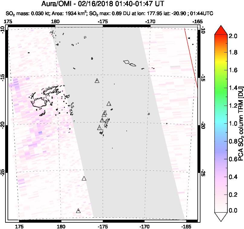 A sulfur dioxide image over Tonga, South Pacific on Feb 16, 2018.