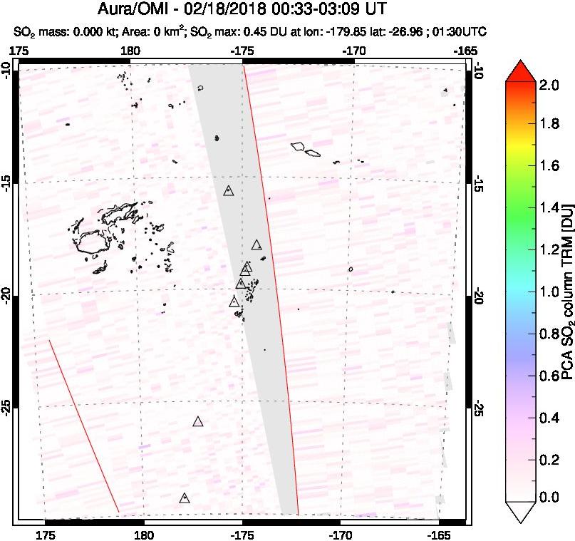 A sulfur dioxide image over Tonga, South Pacific on Feb 18, 2018.