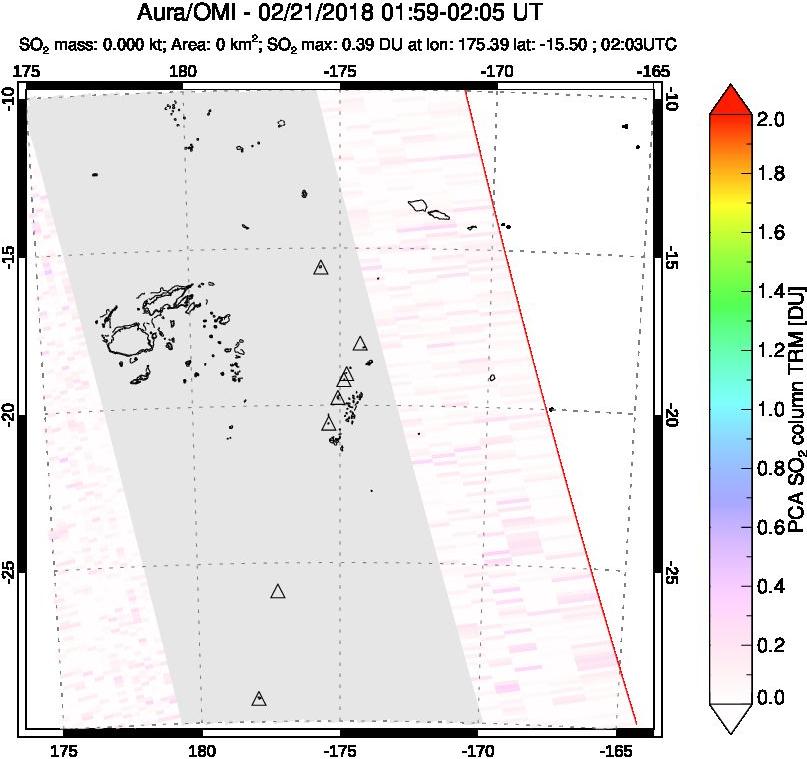 A sulfur dioxide image over Tonga, South Pacific on Feb 21, 2018.