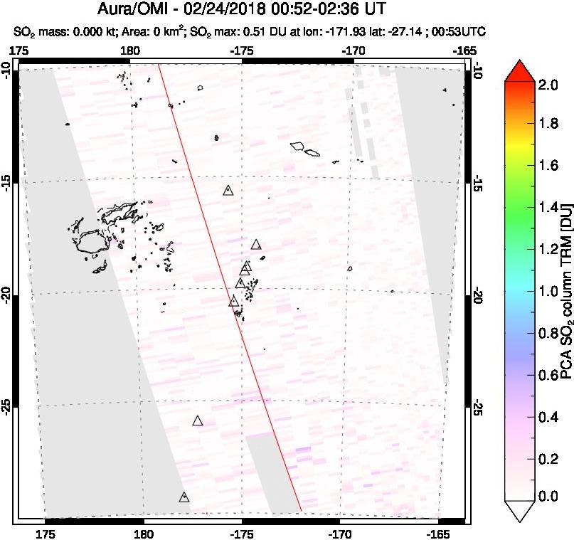A sulfur dioxide image over Tonga, South Pacific on Feb 24, 2018.
