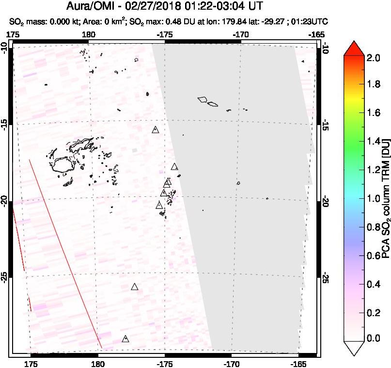 A sulfur dioxide image over Tonga, South Pacific on Feb 27, 2018.