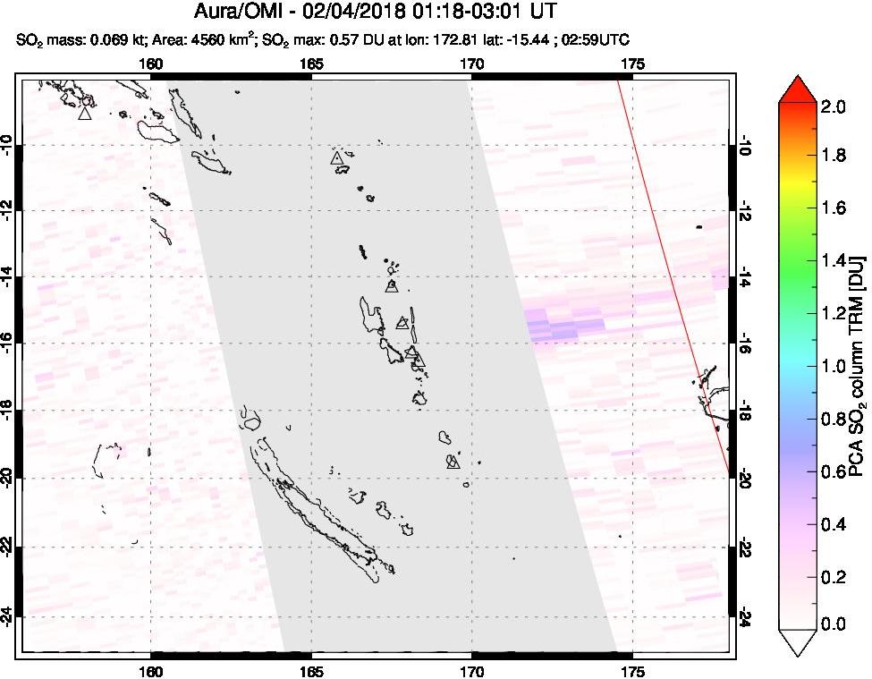 A sulfur dioxide image over Vanuatu, South Pacific on Feb 04, 2018.
