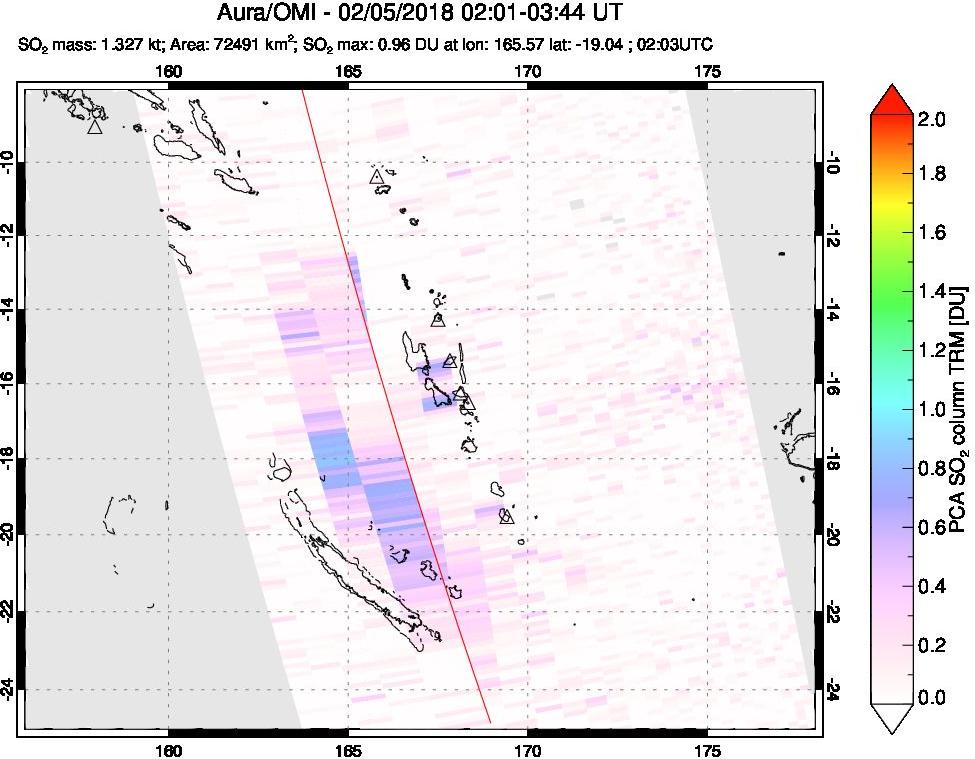 A sulfur dioxide image over Vanuatu, South Pacific on Feb 05, 2018.
