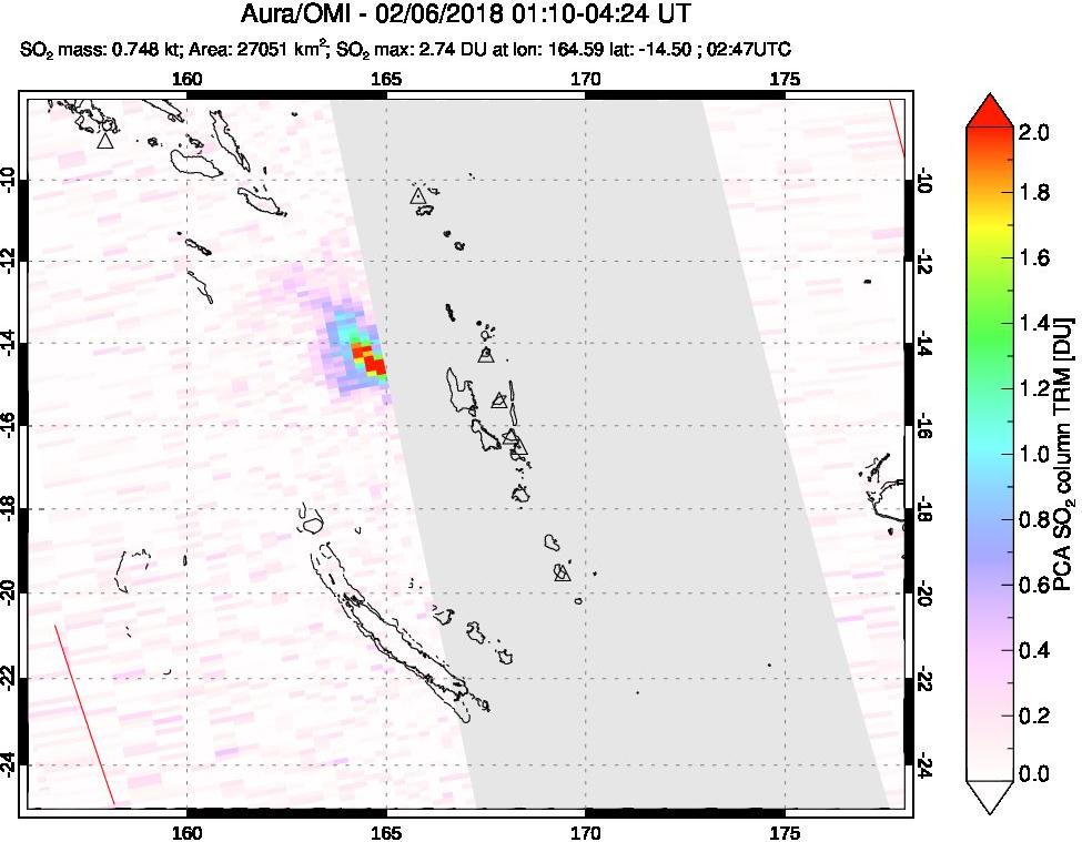 A sulfur dioxide image over Vanuatu, South Pacific on Feb 06, 2018.