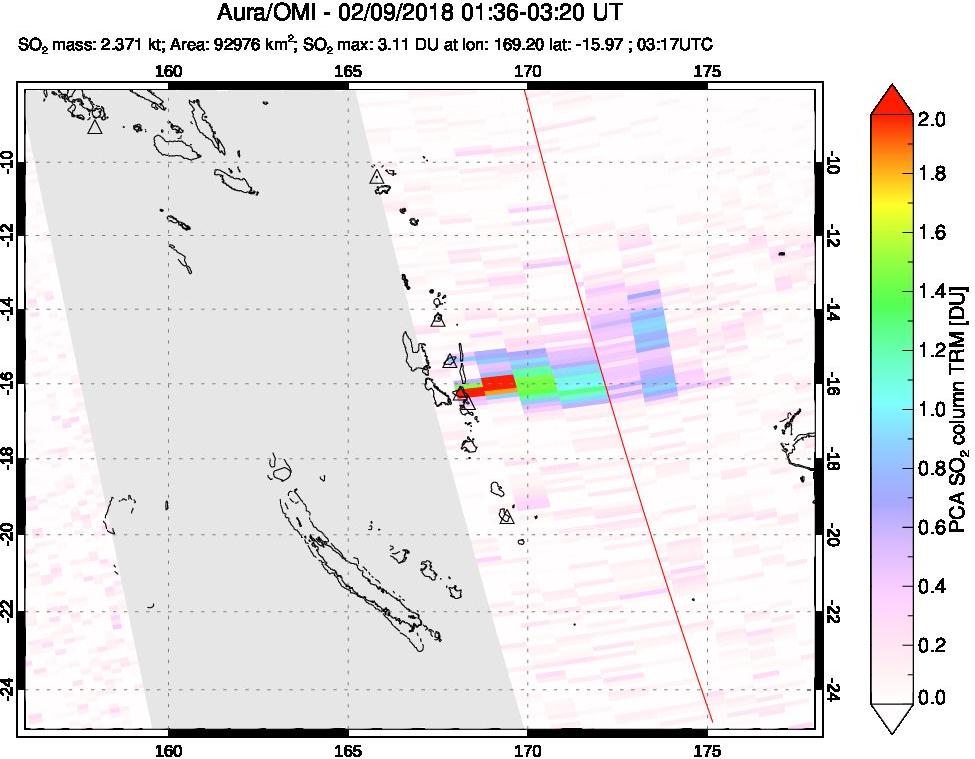 A sulfur dioxide image over Vanuatu, South Pacific on Feb 09, 2018.