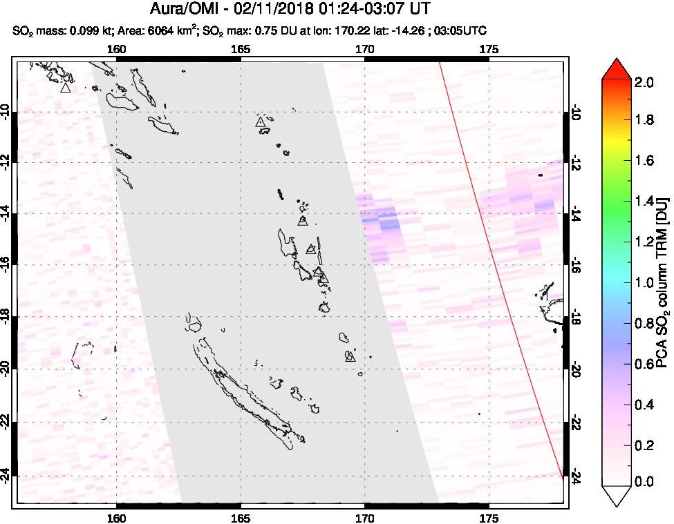 A sulfur dioxide image over Vanuatu, South Pacific on Feb 11, 2018.