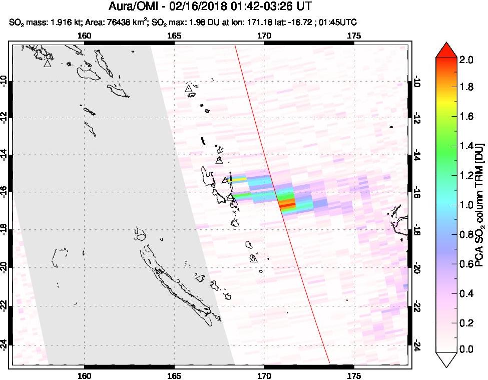 A sulfur dioxide image over Vanuatu, South Pacific on Feb 16, 2018.
