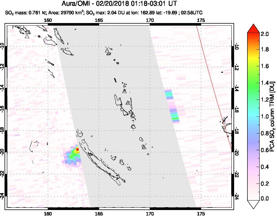A sulfur dioxide image over Vanuatu, South Pacific on Feb 20, 2018.