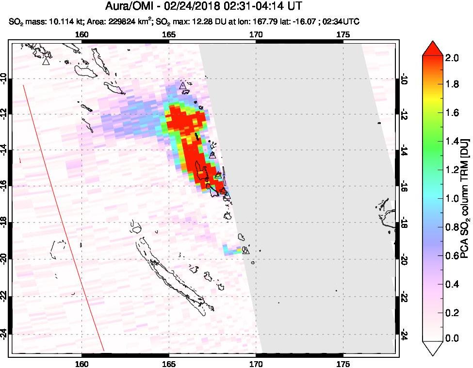 A sulfur dioxide image over Vanuatu, South Pacific on Feb 24, 2018.