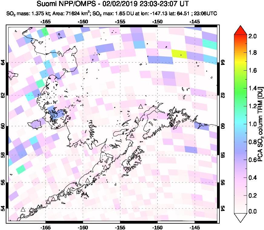 A sulfur dioxide image over Alaska, USA on Feb 02, 2019.