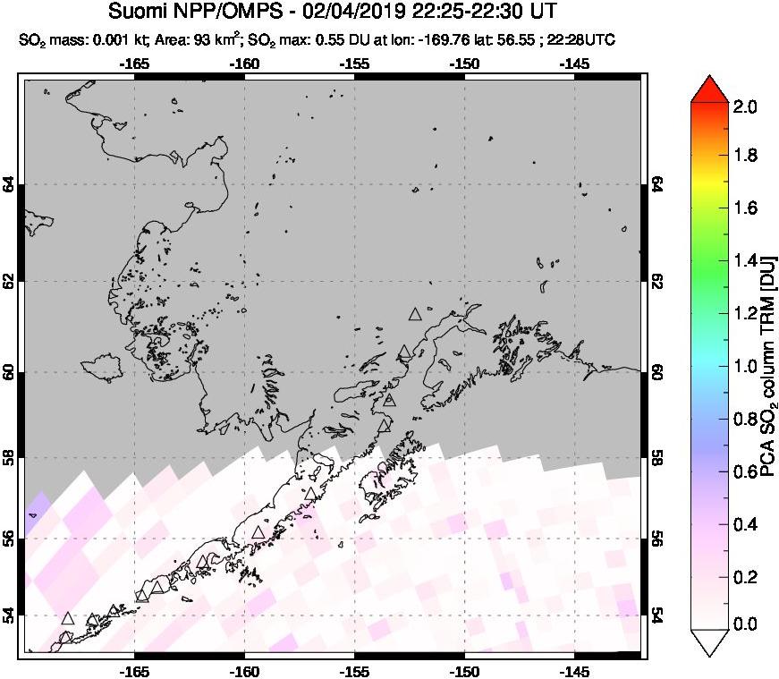 A sulfur dioxide image over Alaska, USA on Feb 04, 2019.