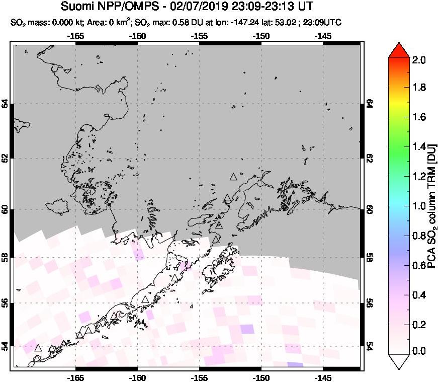 A sulfur dioxide image over Alaska, USA on Feb 07, 2019.