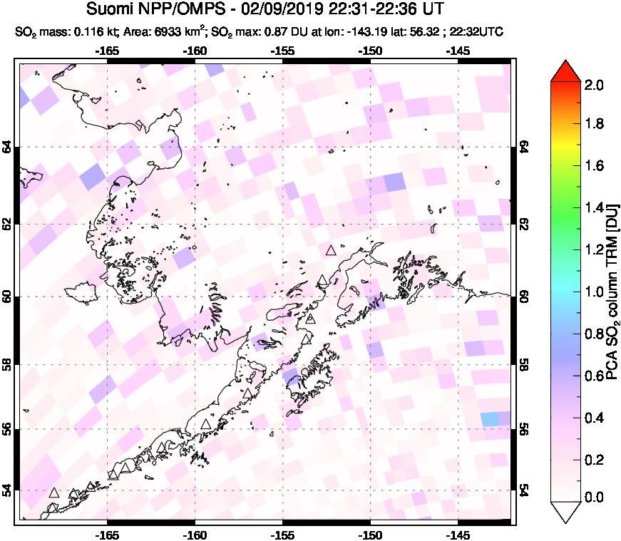 A sulfur dioxide image over Alaska, USA on Feb 09, 2019.