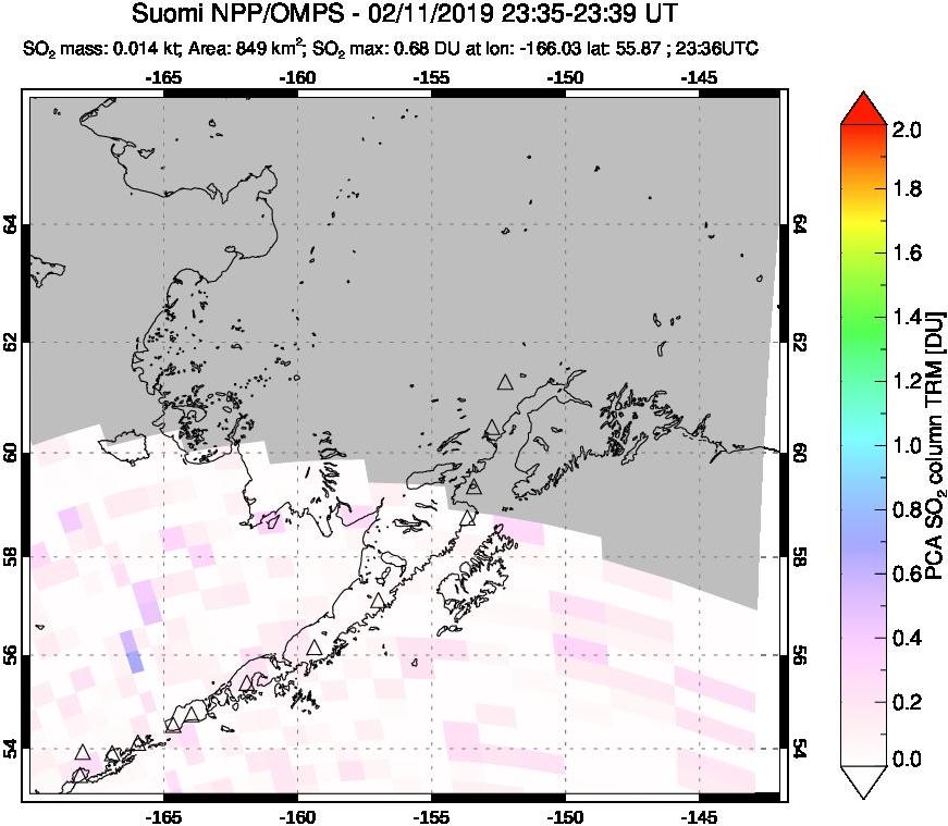 A sulfur dioxide image over Alaska, USA on Feb 11, 2019.