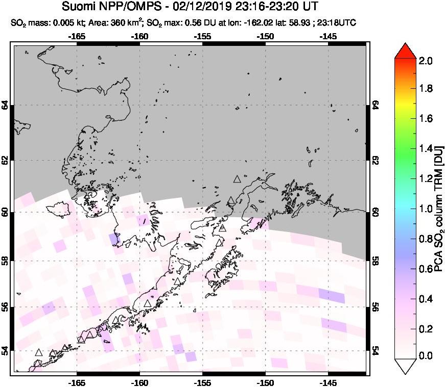 A sulfur dioxide image over Alaska, USA on Feb 12, 2019.